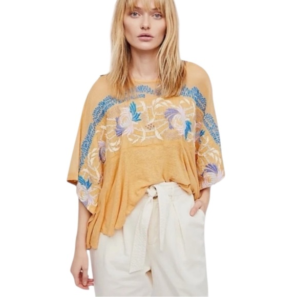 FREE PEOPLE Love Letter Embroidered Poncho Tee in Tangerine Yellow Size S — FUN! - Picture 1 of 11